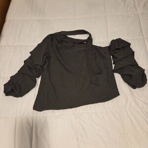 olive green one shoulder top with tie at neck